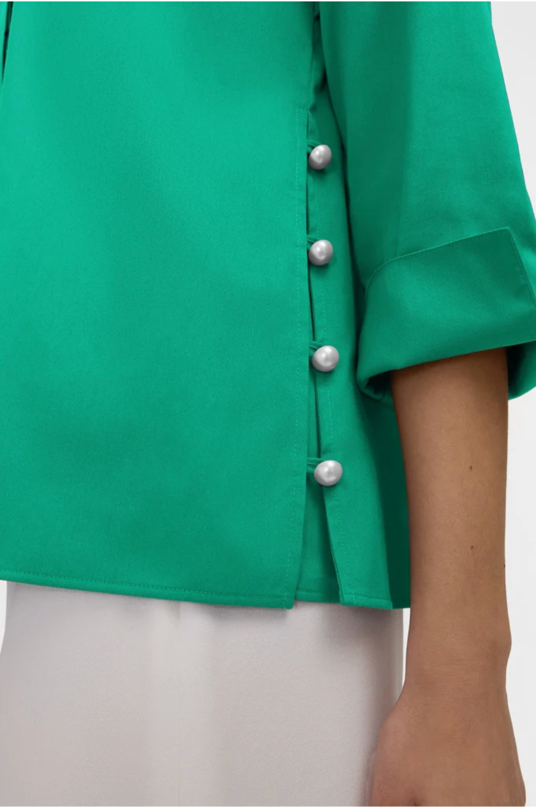 Beatrice Pearl Stretch Matte Sateen 3/4 Sleeve Shirt - Green