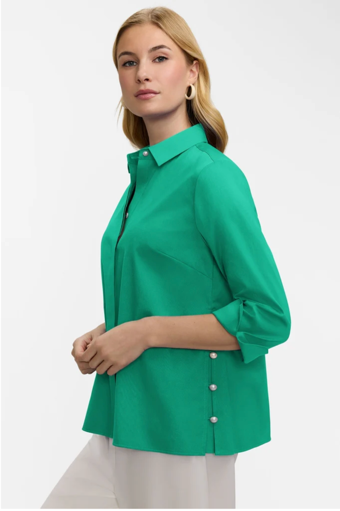 Beatrice Pearl Stretch Matte Sateen 3/4 Sleeve Shirt - Green