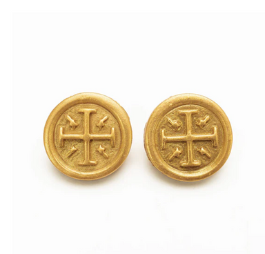 Pair of gold earrings with a cross design on a white background