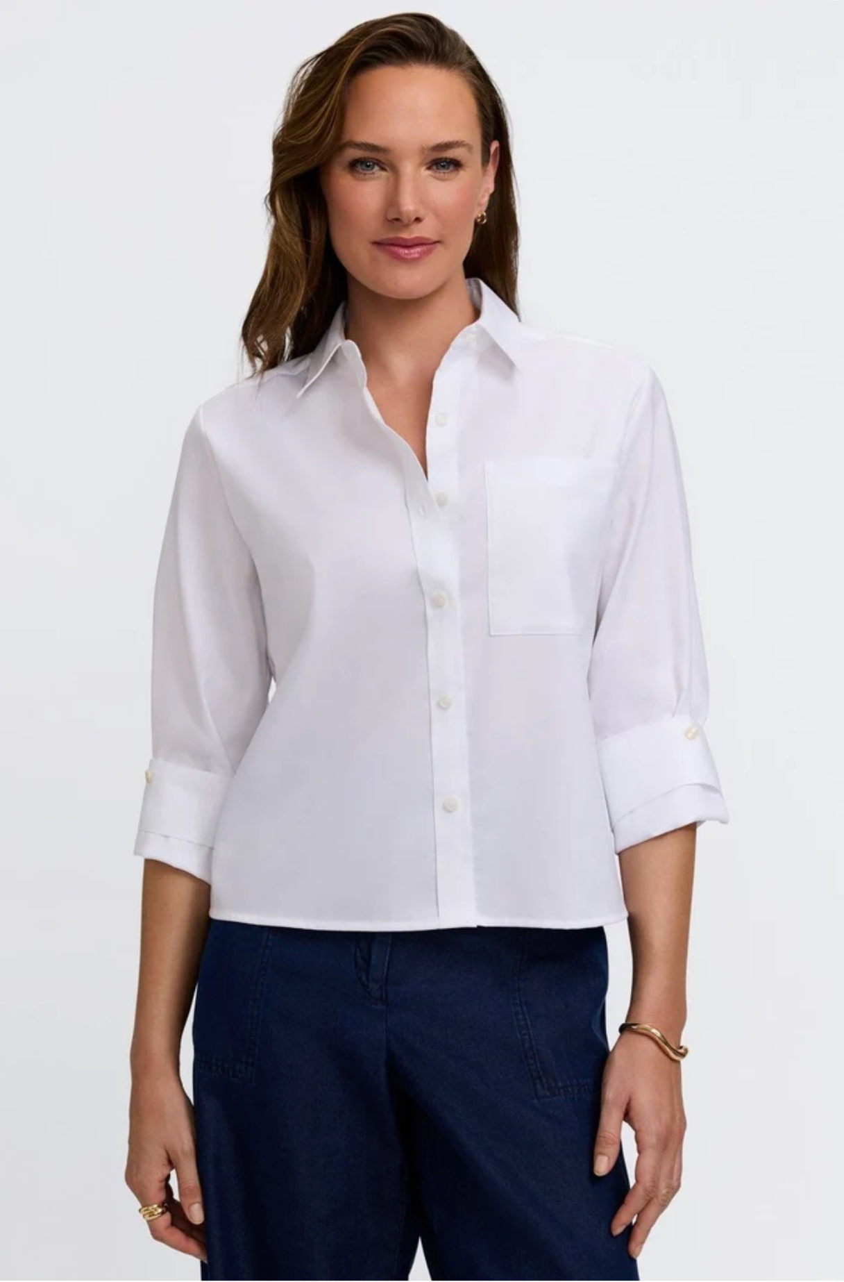 Jodie Roll Tab Sleeve Short Shirt - White