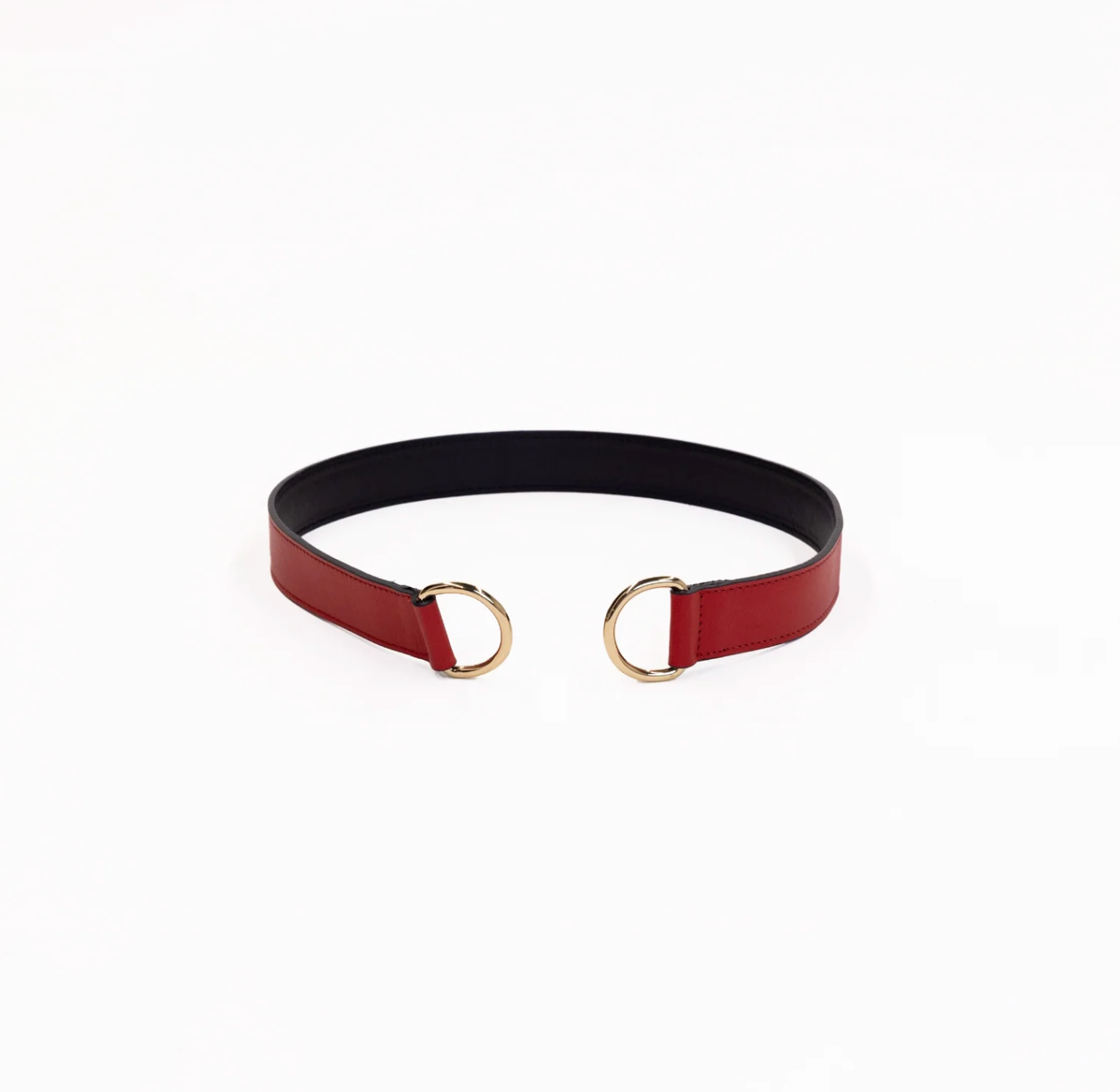 Black and red belt with gold hardware on a white background