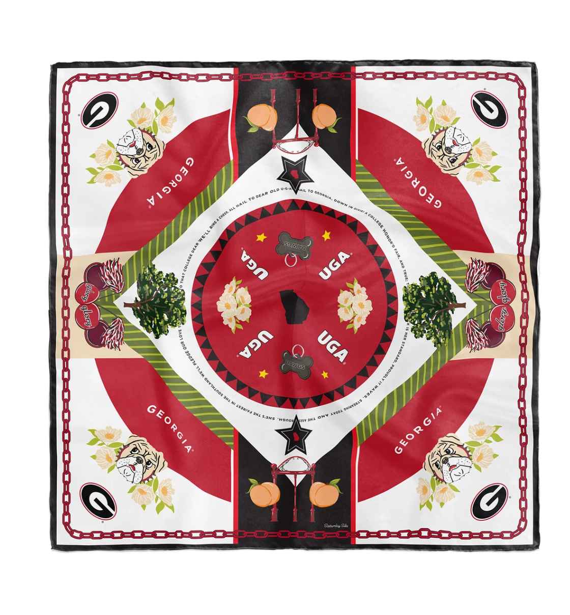Decorative scarf with UGA and Georgia-themed designs on a white background