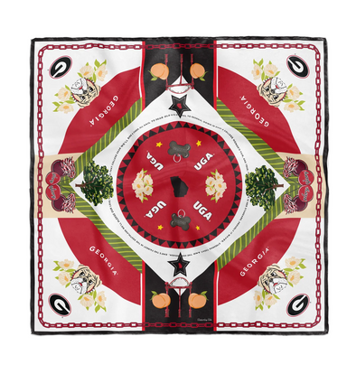 Decorative scarf with UGA and Georgia-themed designs on a white background
