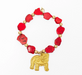 RED MARBLE AND GOLD BEADED NECKLACE WITH LARGE BULLDOG IN GOLD CLAY ON WHITE BACKGROUND