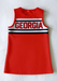 A red sleeveless athletic top with 'GEORGIA' printed across the chest in red letters outlined in white, set against white and black horizontal stripes.