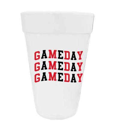 GAME DAY WITH ALTERNATING RED AND BLACK LETTERING ON STYROFOAM CUP