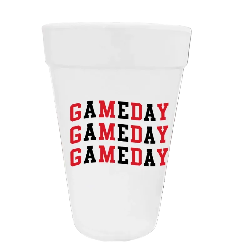 GAME DAY WITH ALTERNATING RED AND BLACK LETTERING ON STYROFOAM CUP