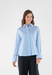 MODEL WEARING FRENCH BLUE STRIPE COLLAR BUTTON DOWN ON WHITE BACKGROUND FRONT VIEW