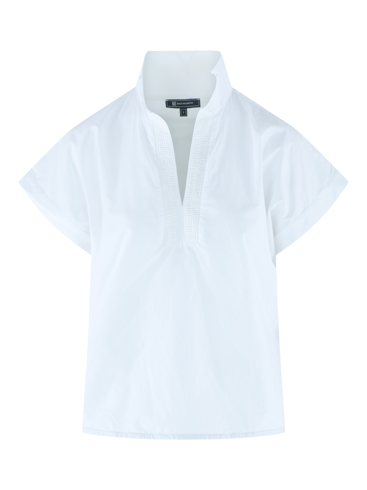 SOLID WHITE V NECK SHORT SLEEVE BLOUSE WITH POPPED COLLAR AND DETAIL ON V NECK