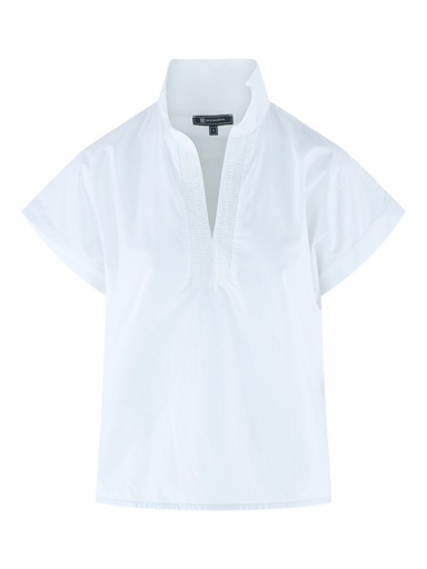 SOLID WHITE V NECK SHORT SLEEVE BLOUSE WITH POPPED COLLAR AND DETAIL ON V NECK