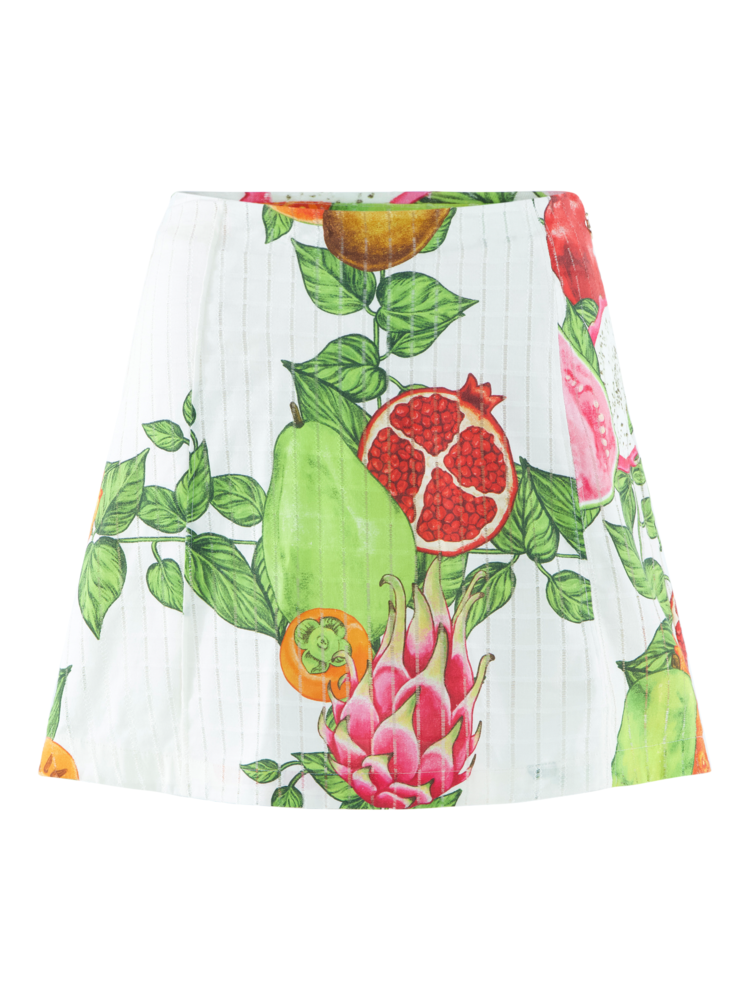 Skirt with colorful fruit pattern on a white background