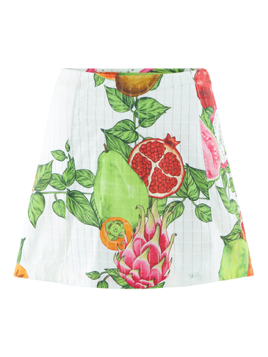 Skirt with colorful fruit pattern on a white background