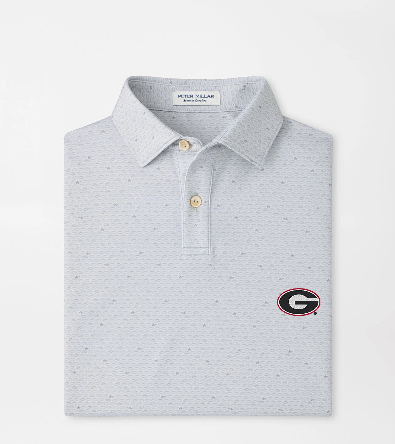 A light gray micro-patterned polo shirt by Peter Millar, featuring a small embroidered Georgia Bulldogs logo on the left chest, presented on a clean white background.