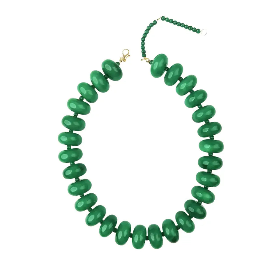 green chunky beaded necklace with gold clasp on white background