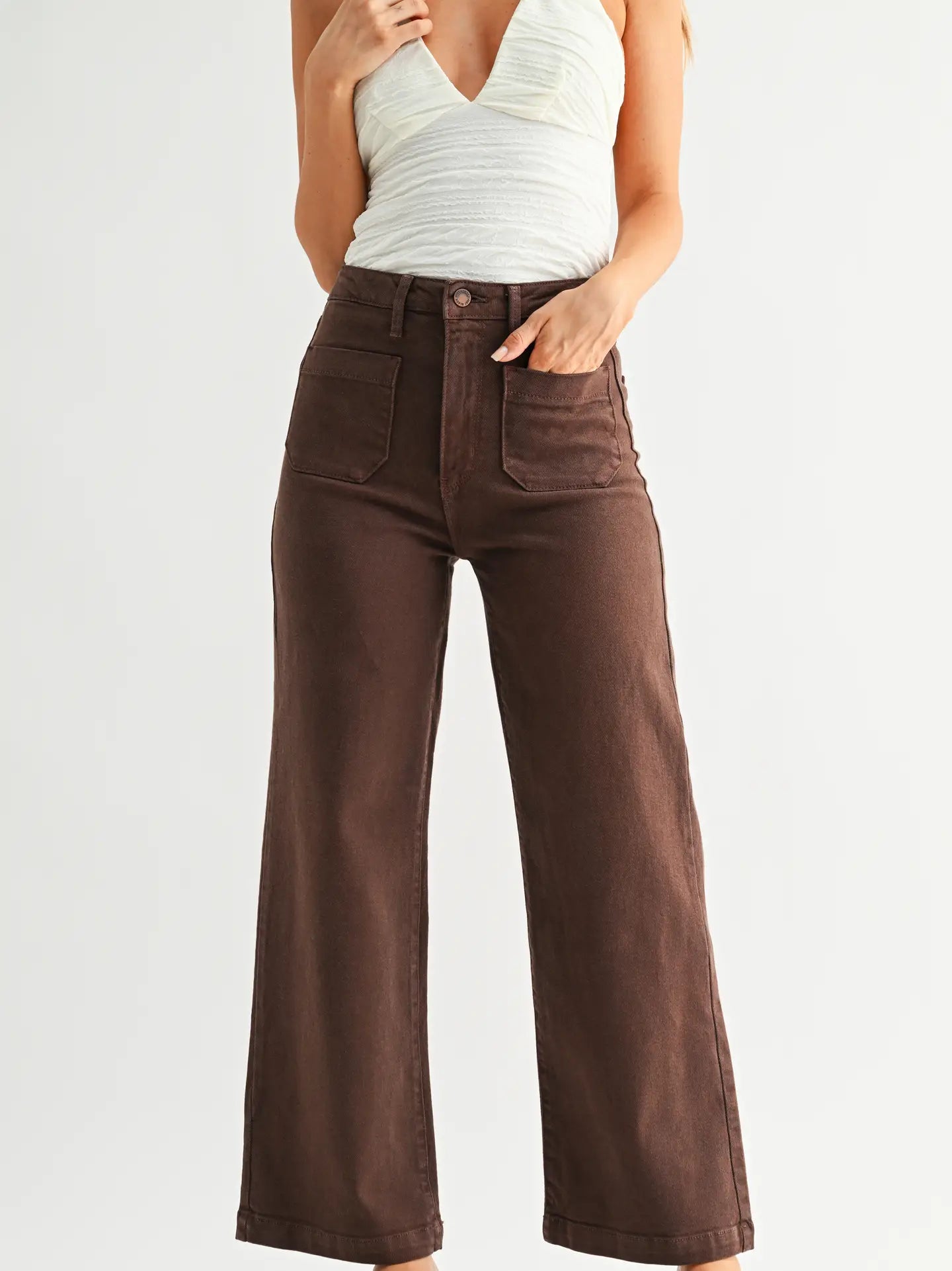 Patch Pocket Wide Leg Denim - Dark Brown