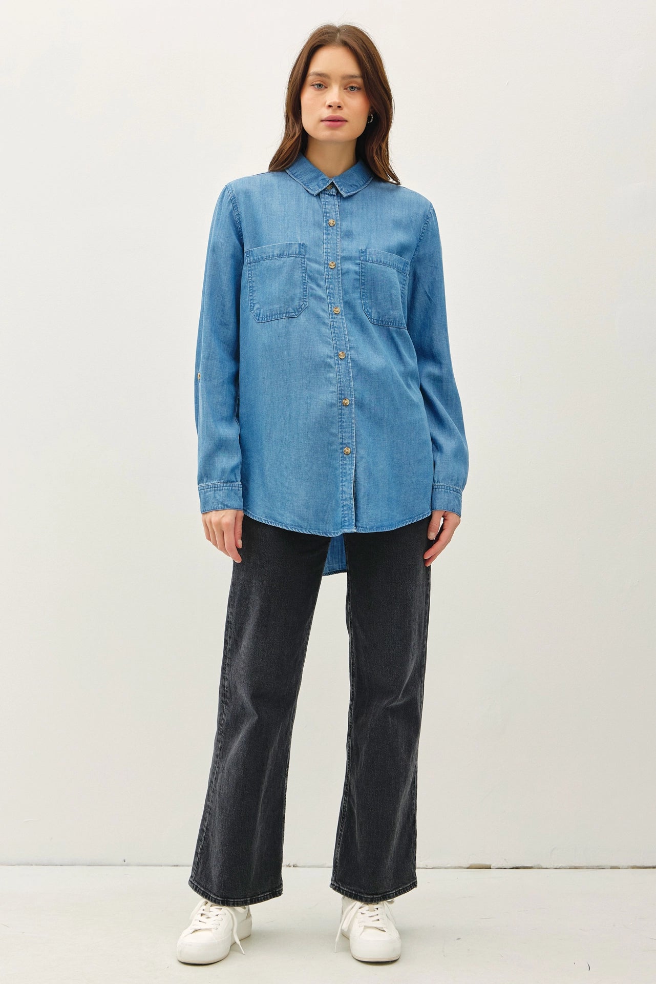 Denim Tencel Button Up Oversized Shirt - Medium Wash