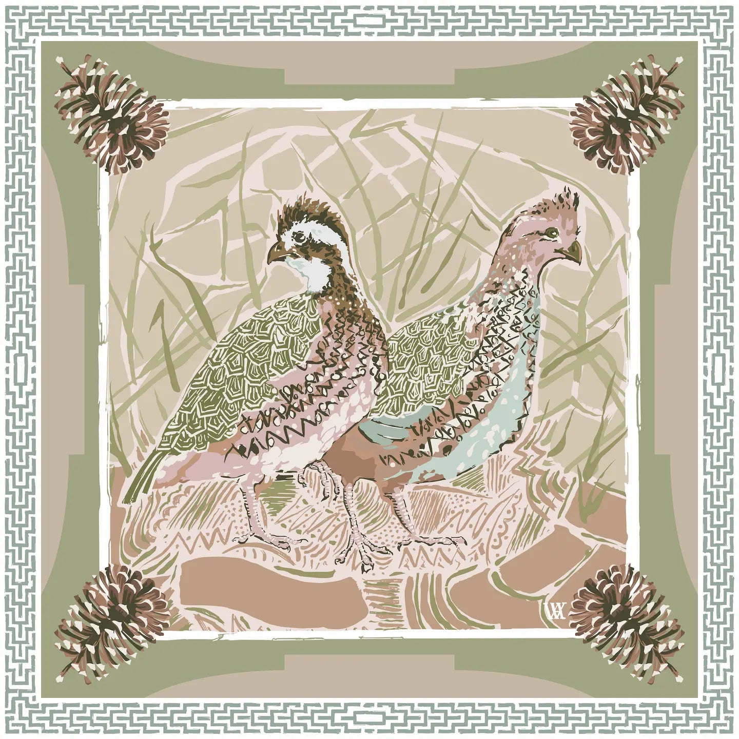 Pink Quail Pair Silk Scarf