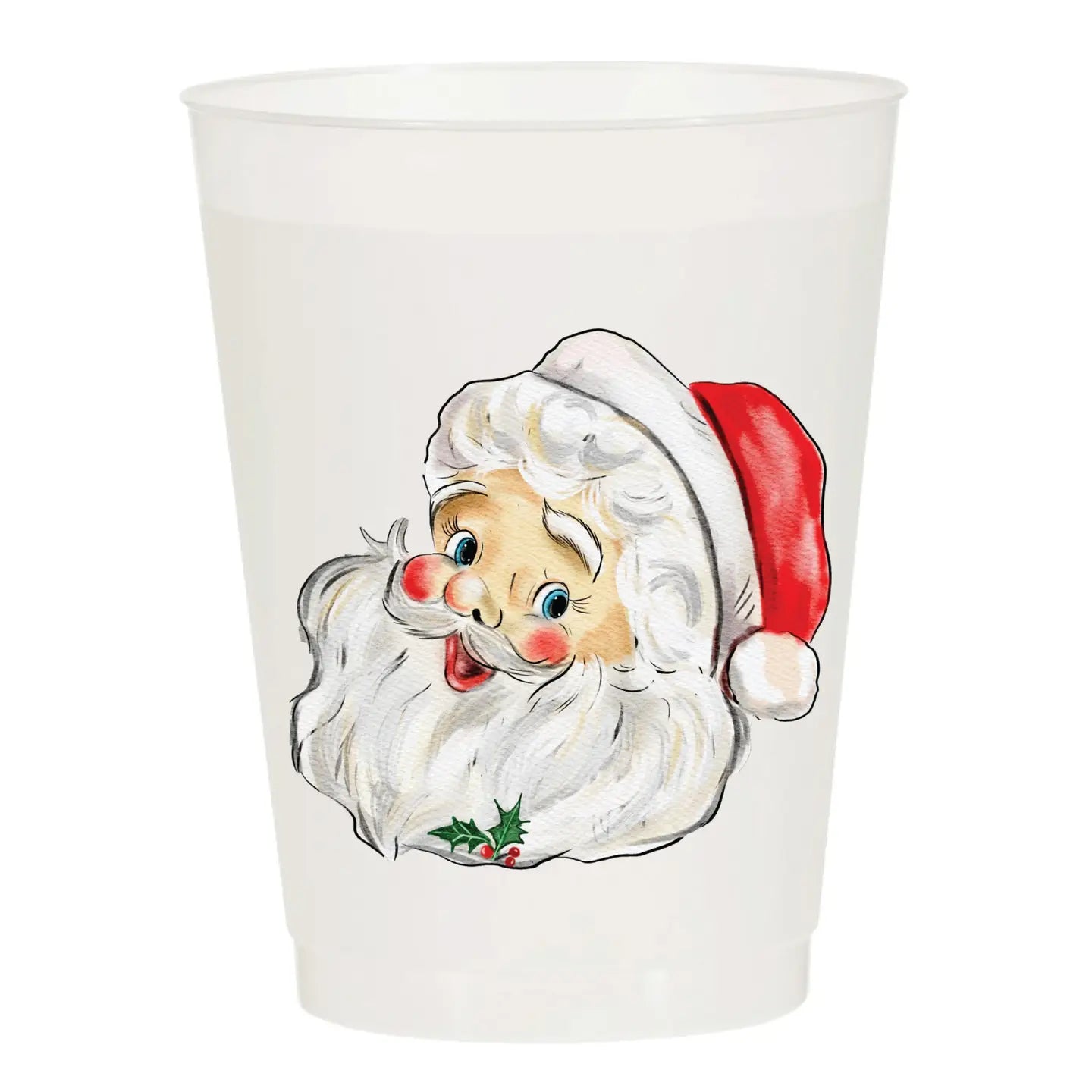 White plastic cup with a Santa Claus design on a white background