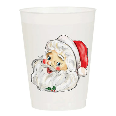 White plastic cup with a Santa Claus design on a white background