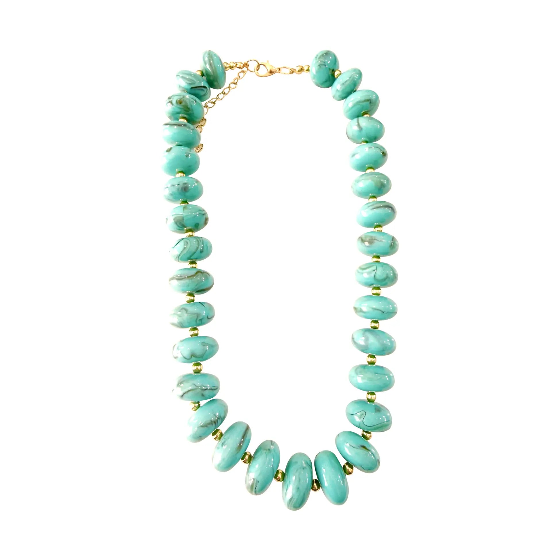 bright light mint chunky beaded necklace with gold clasp on white background