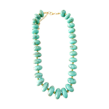 bright light mint chunky beaded necklace with gold clasp on white background