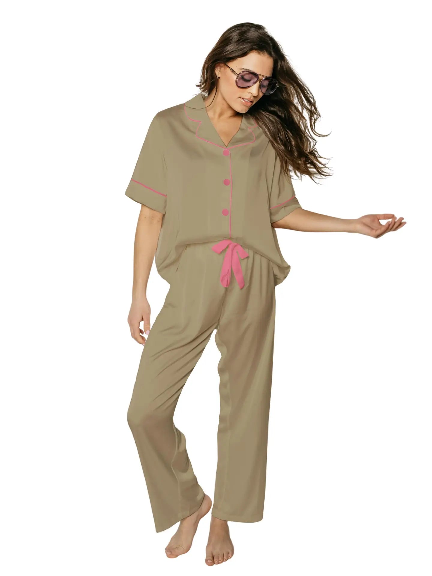 Silky Nude Short Sleeve Pajama Pant Set