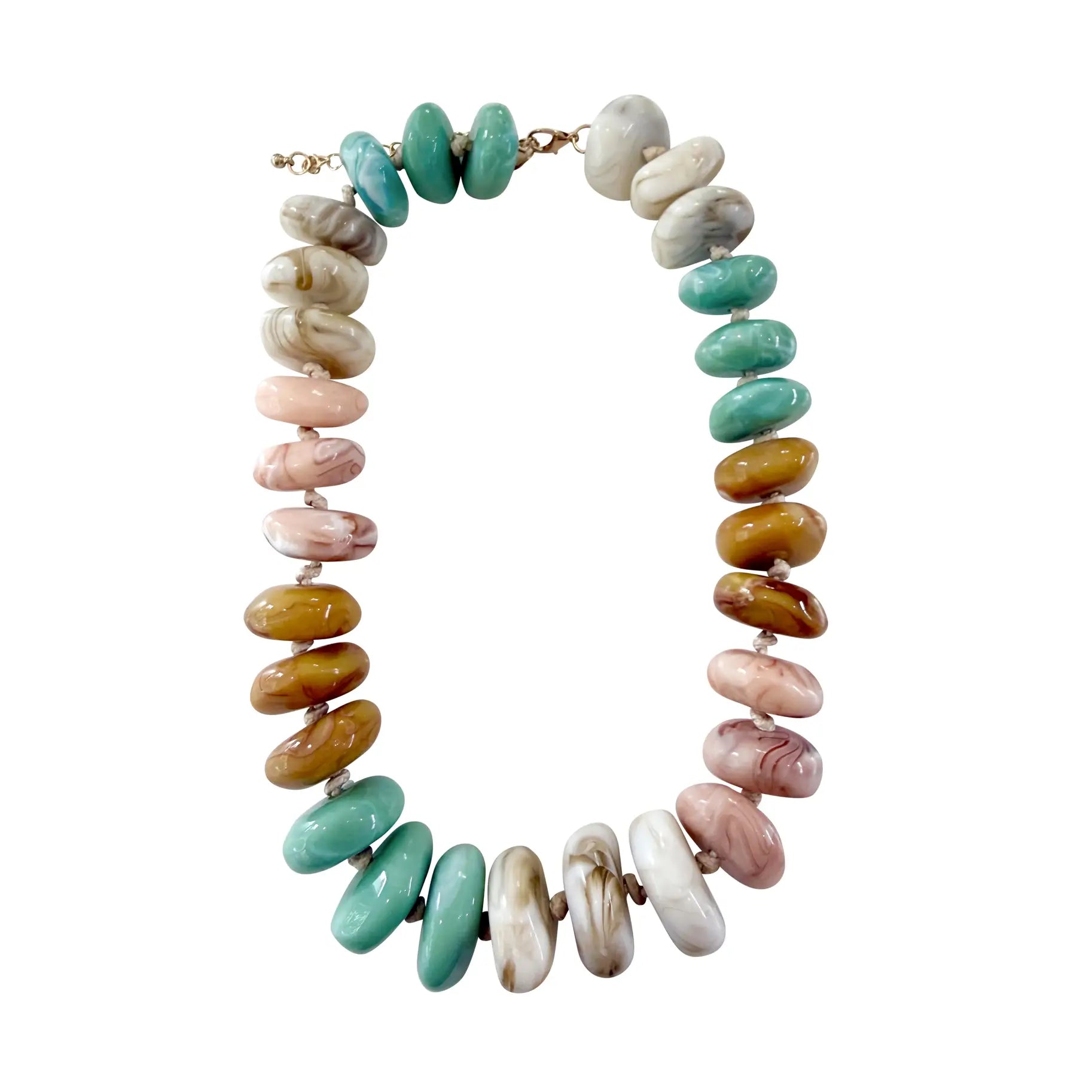 pink, tan, mint, and cream chunky beaded necklace with gold clasp on white background