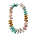 pink, tan, mint, and cream chunky beaded necklace with gold clasp on white background