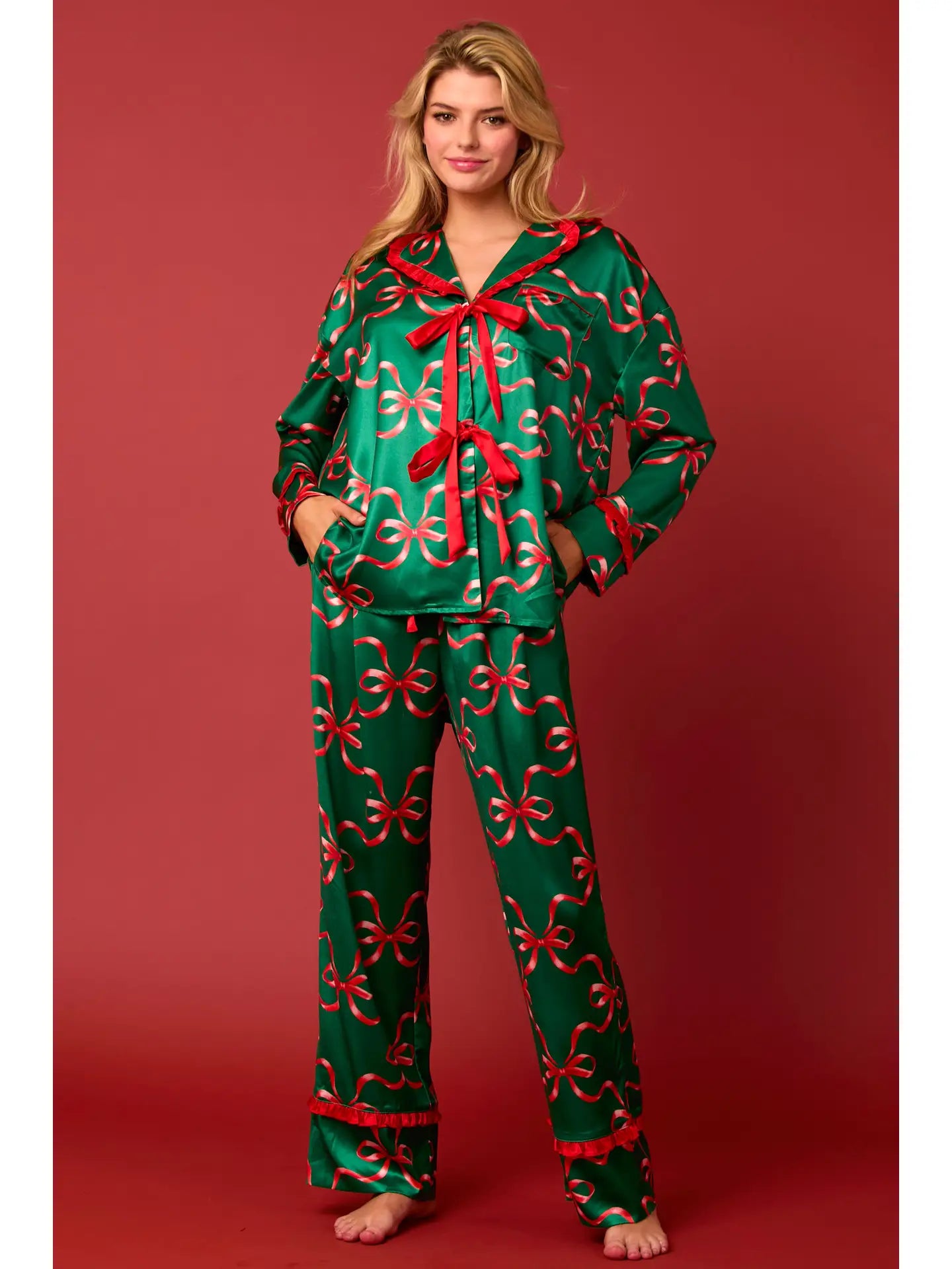 Satin Christmas Bow Pajama Pant Set - Green/Red