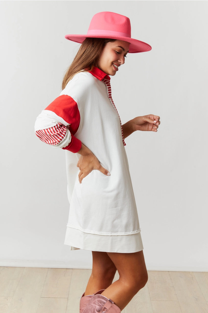 Colorblock Shirt Dress- Red and White