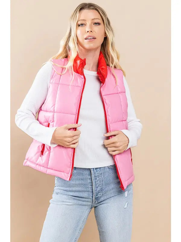 Colorblock Puffer Vest- Pink and Red