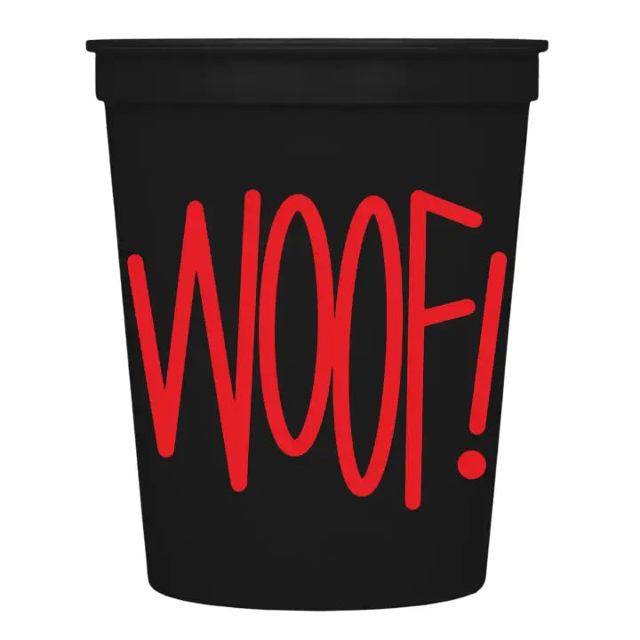 Black cup with red 'WOOF!' text on a white background