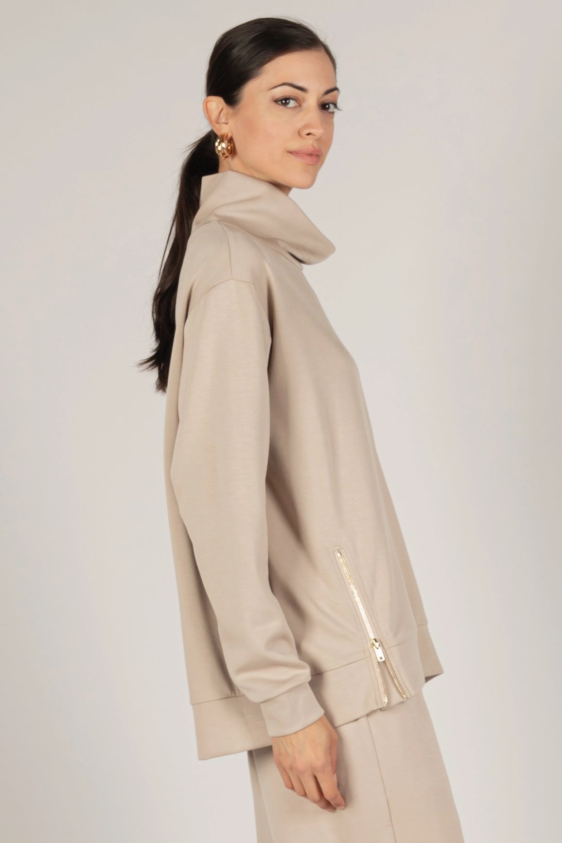 Butter Modal Cowl Neck Top W/ Side Zippers- Taupe