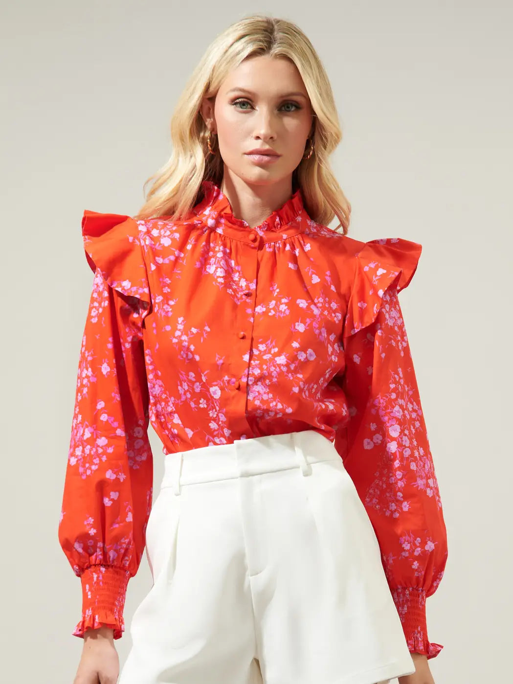 Ibis Floral Button Front Poplin Blouse - Pink and Red