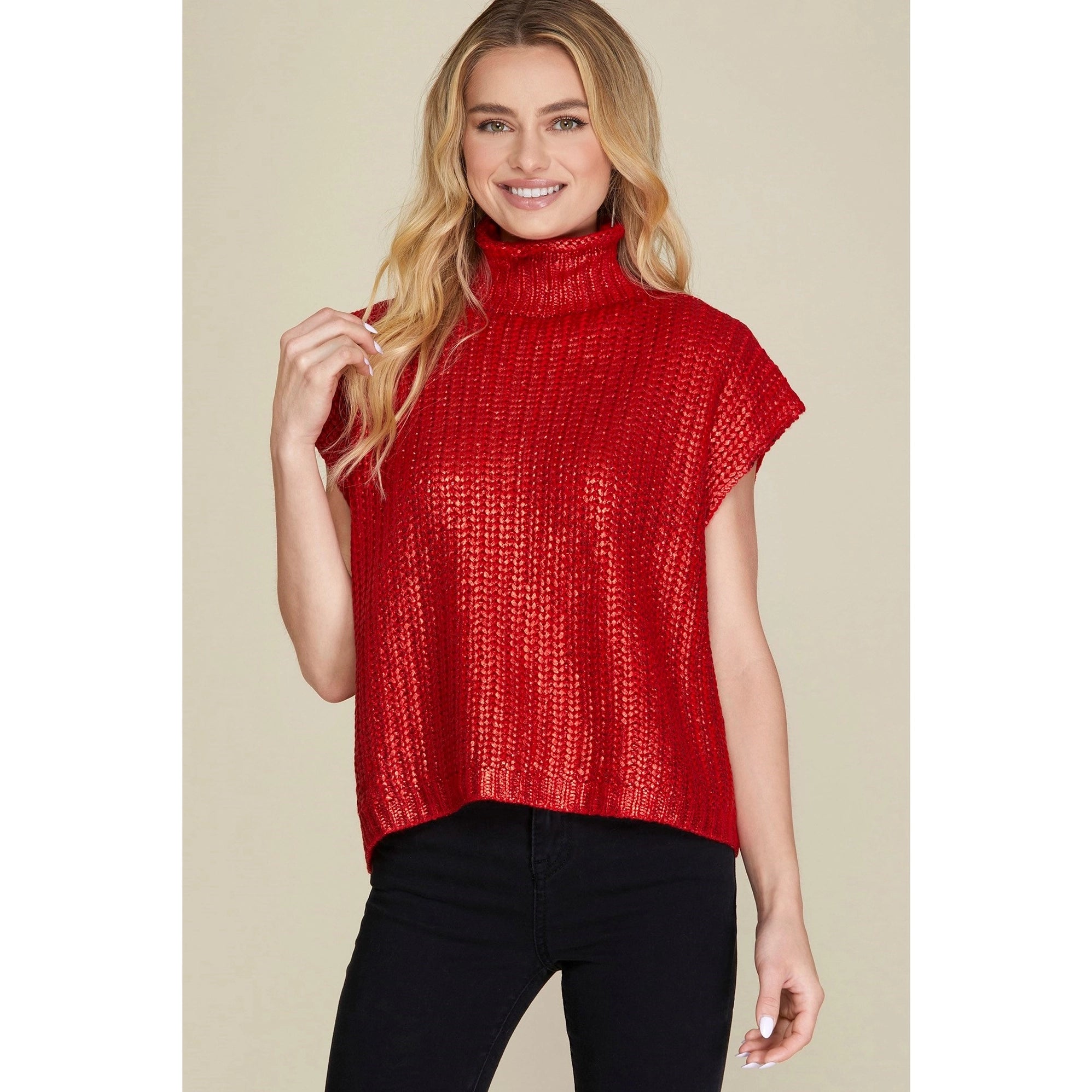 Metallic Foil Sweater Top - Red