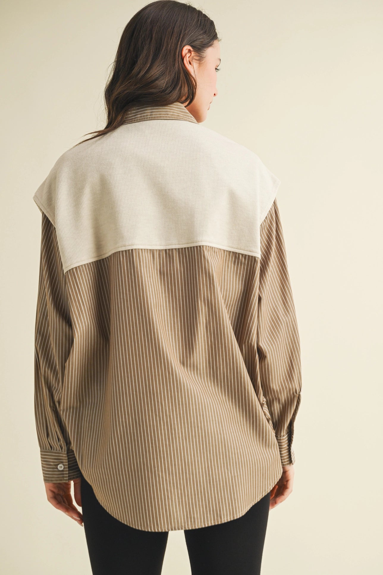 Striped Shrit with Layered Knit Sleeve Top - Ash Olive