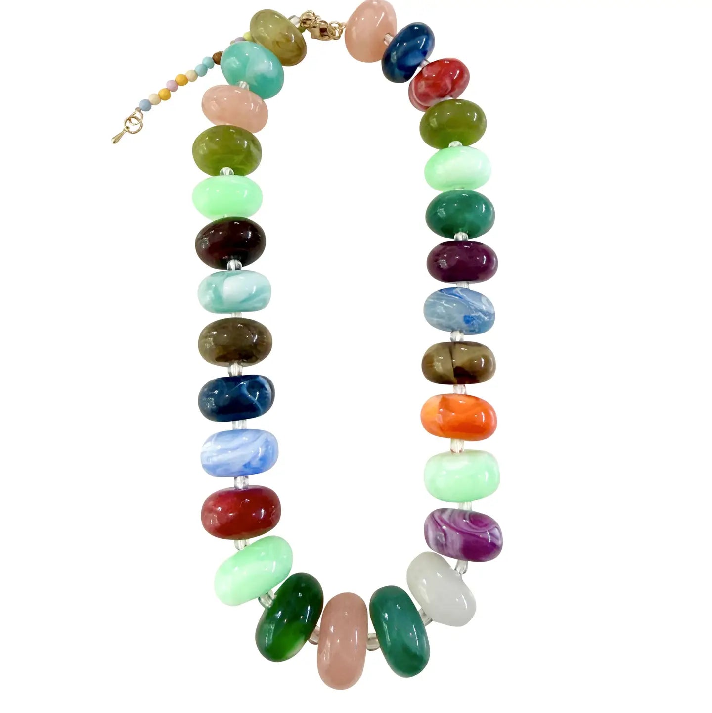 multicolor chunky beaded necklace with gold clasp on white background
