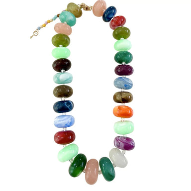 multicolor chunky beaded necklace with gold clasp on white background