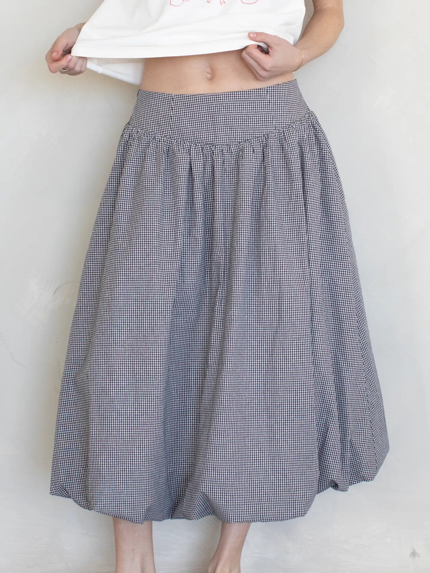 The Grace Gingham Balloon Midi Skirt - Navy