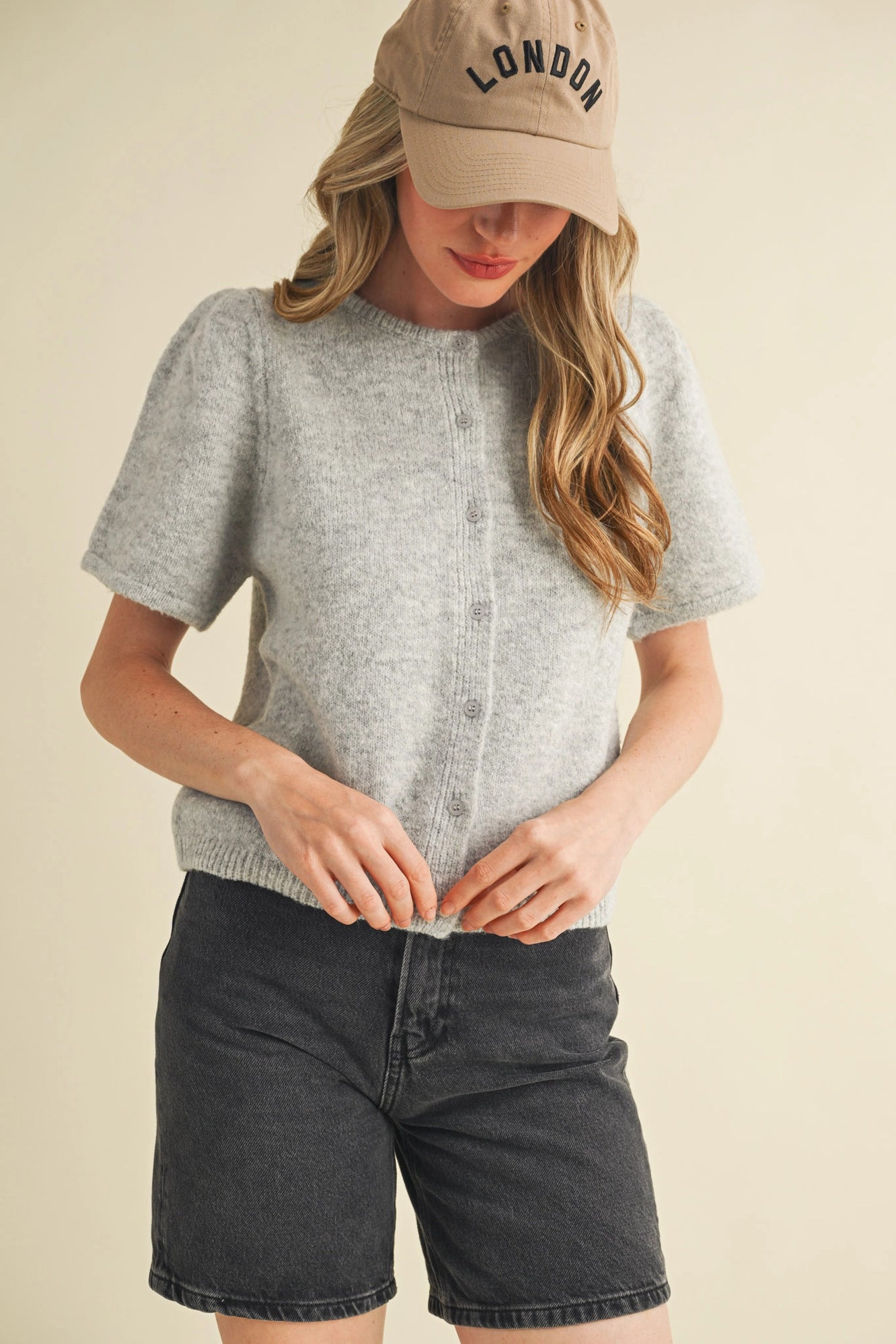 The Scottie Short Puff Sleeve Sweater Cardigan - Heather Grey