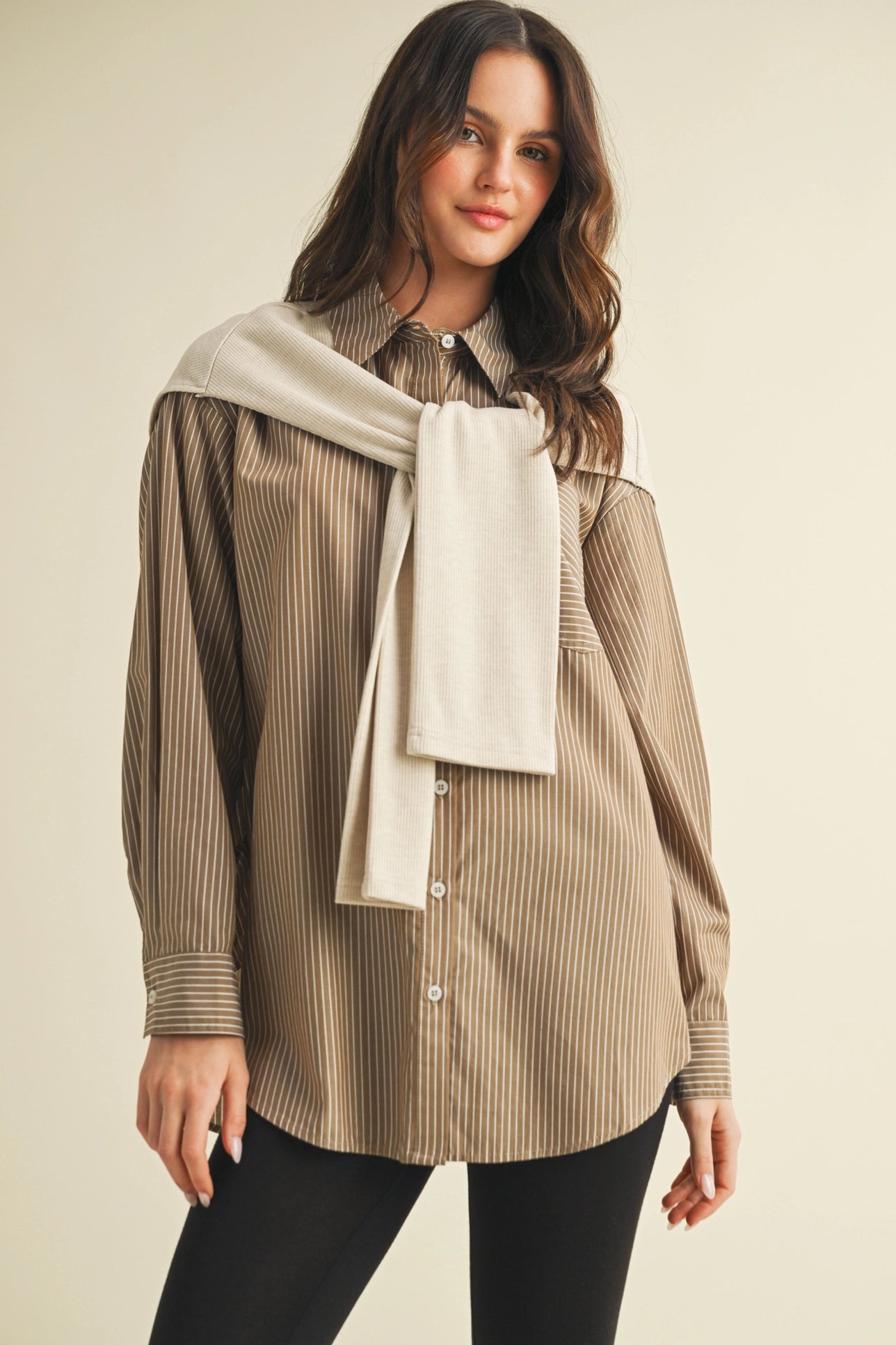 Striped Shrit with Layered Knit Sleeve Top - Ash Olive