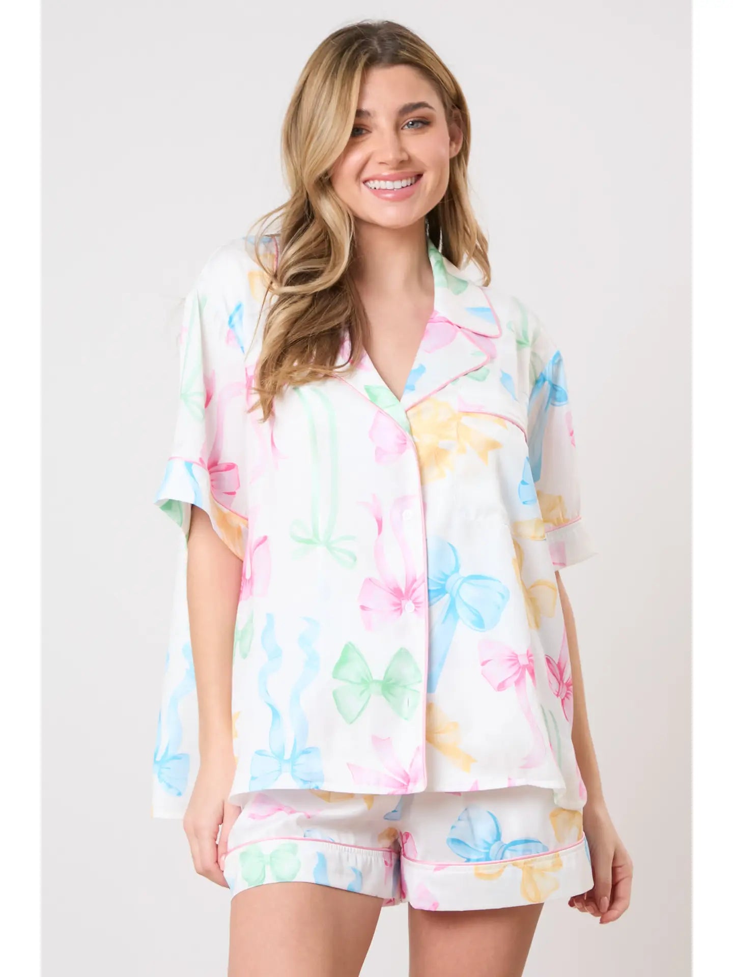 Short Sleeve Bow Printed Pajama Short Set - Multi