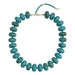 dark turquoise chunky beaded necklace with gold clasp on white background