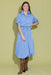 Woman wearing a blue dress with long sleeves and a belt, standing against a light green background.