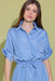 A woman wearing a light blue button-up shirt dress with short sleeves, a collar, and a drawstring waist, posed against a solid olive green background.