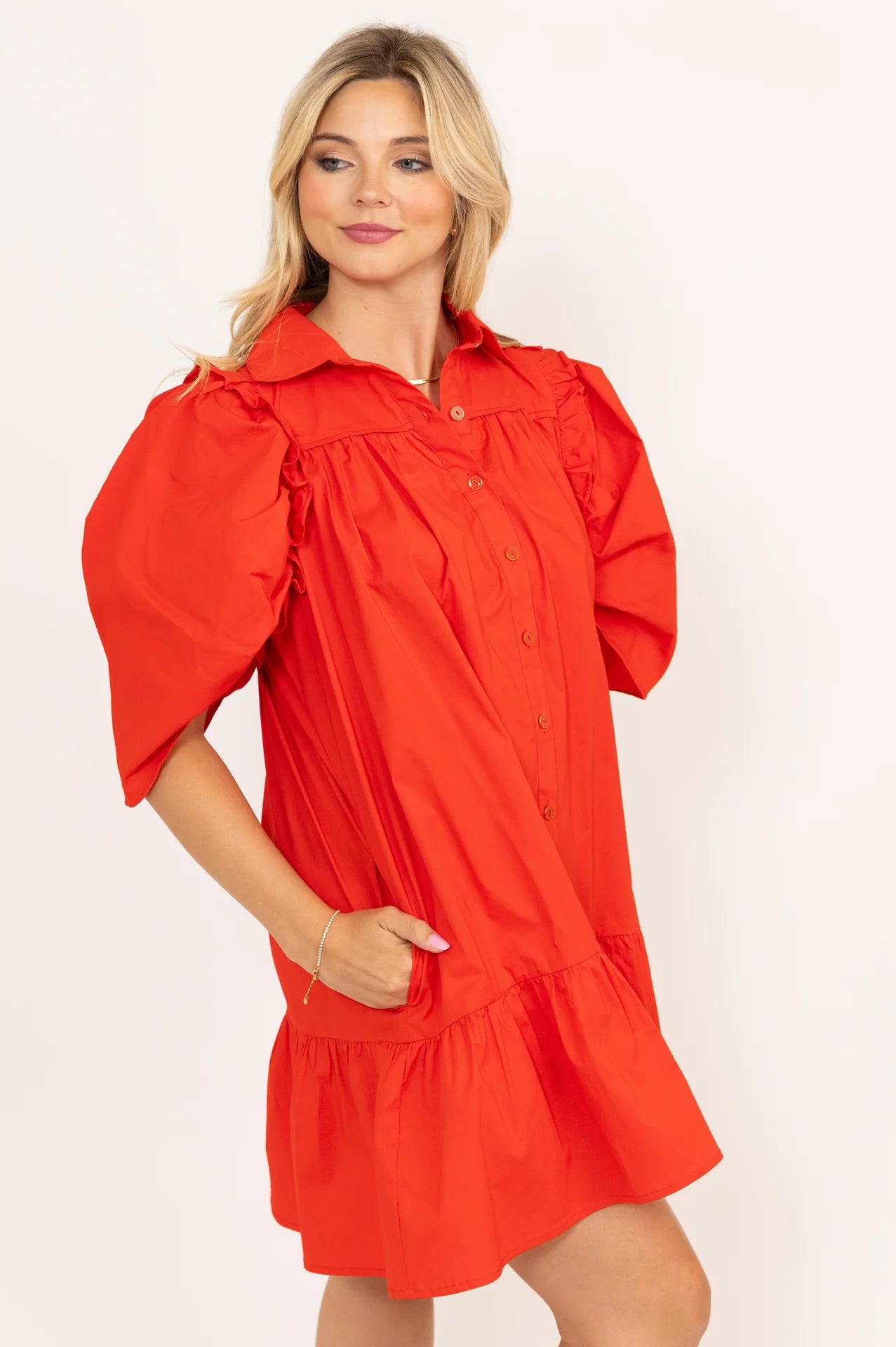 Puff Sleeve Dress- Red