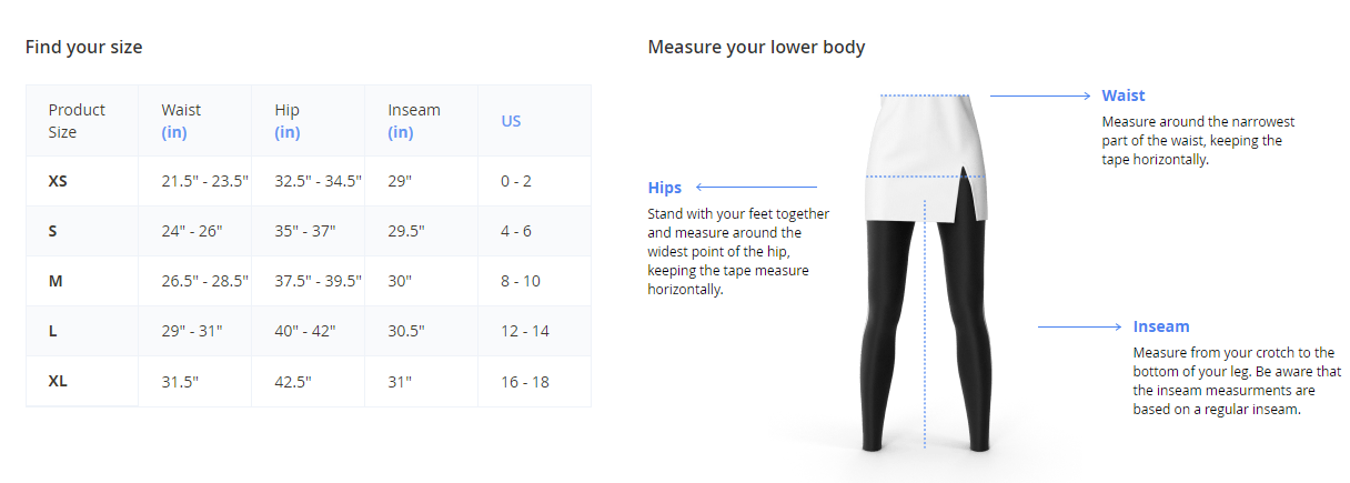 A size and measurement guide for a women's shapewear or bodysuit. The left side shows a size chart with product sizes from XS to XL, waist, hip, inseam, and US measurements.