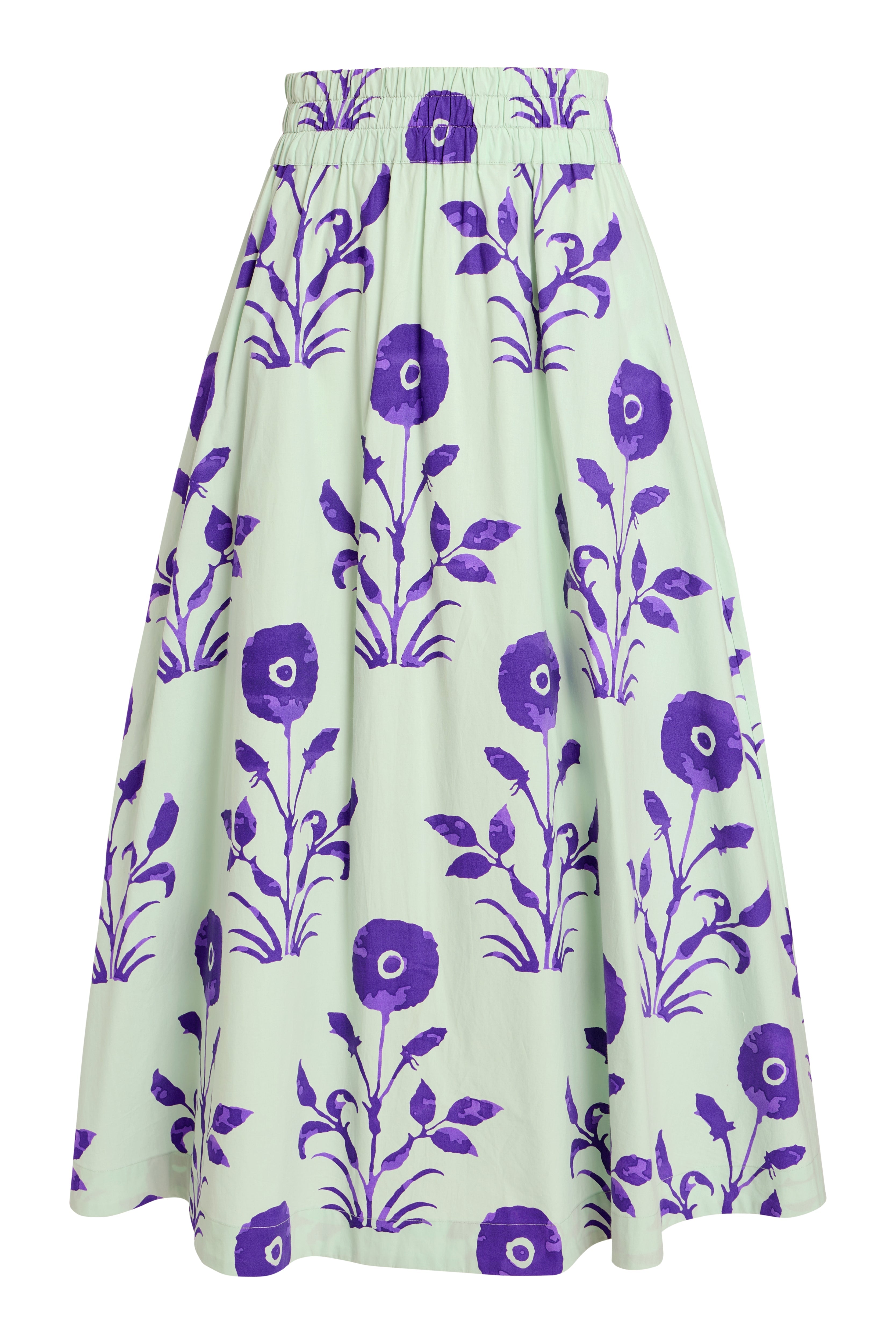 A high-waisted, A-line midi skirt featuring a purple floral and leaf pattern on a pale mint green background, shown against a plain white studio background.