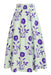 A high-waisted, A-line midi skirt featuring a purple floral and leaf pattern on a pale mint green background, shown against a plain white studio background.