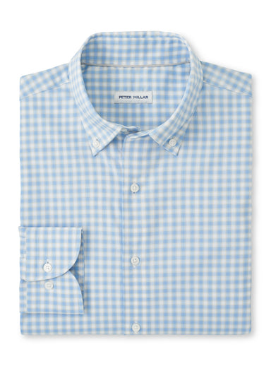 Blue and white checkered dress shirt with 'Peter Millar' label on a white background